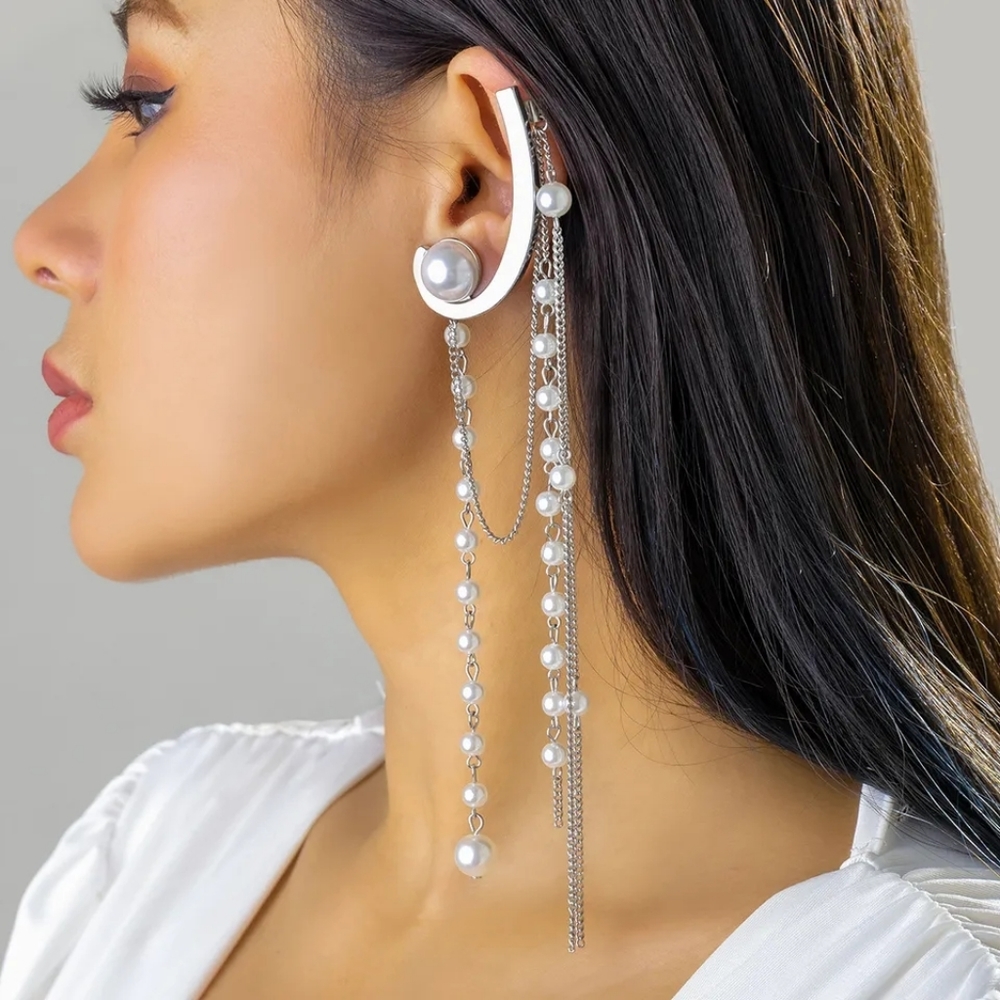 Long single earring mono ear cuff pearls with chains